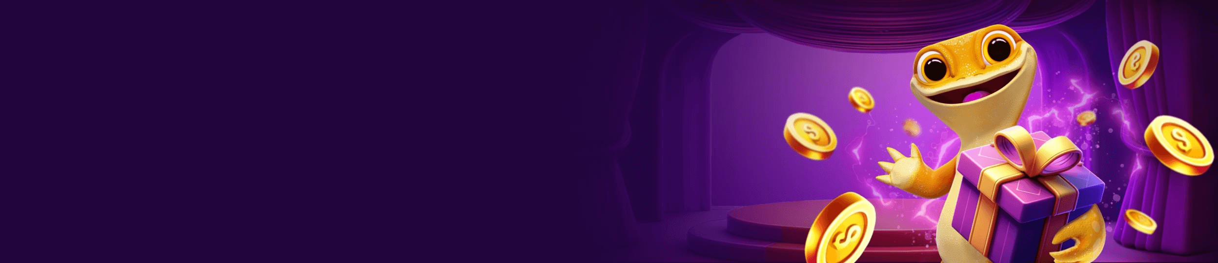 Zoome Casino gecko mascot with coins and bonus gift